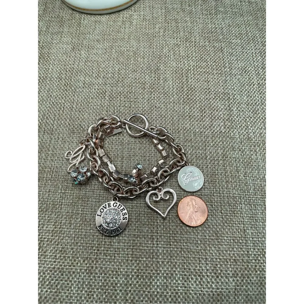 Vintage Guess Charmed Bracelet  Double-strand  Gold-tone Crystal, Rhinestones, H